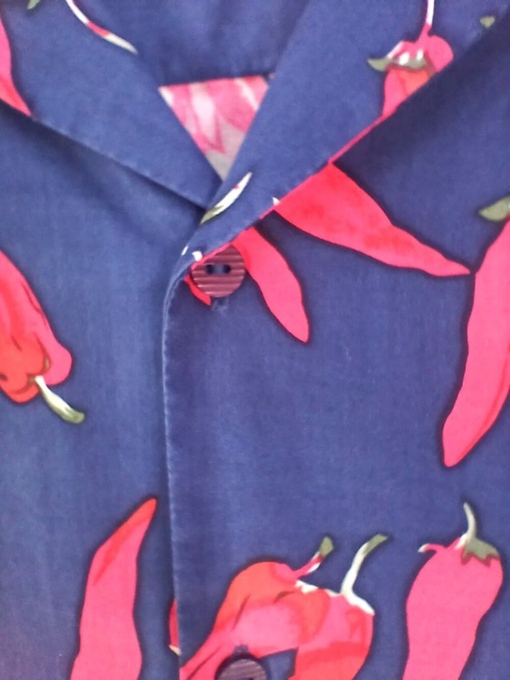 Vintage Joey Richi Mens Silk Chili Pepper Print Button Up Shirt Size L Blue Red - Picture 3 of 14